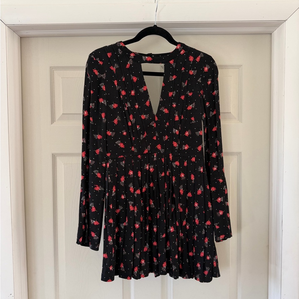 Free People Black Long-Sleeve Floral Mini Dress